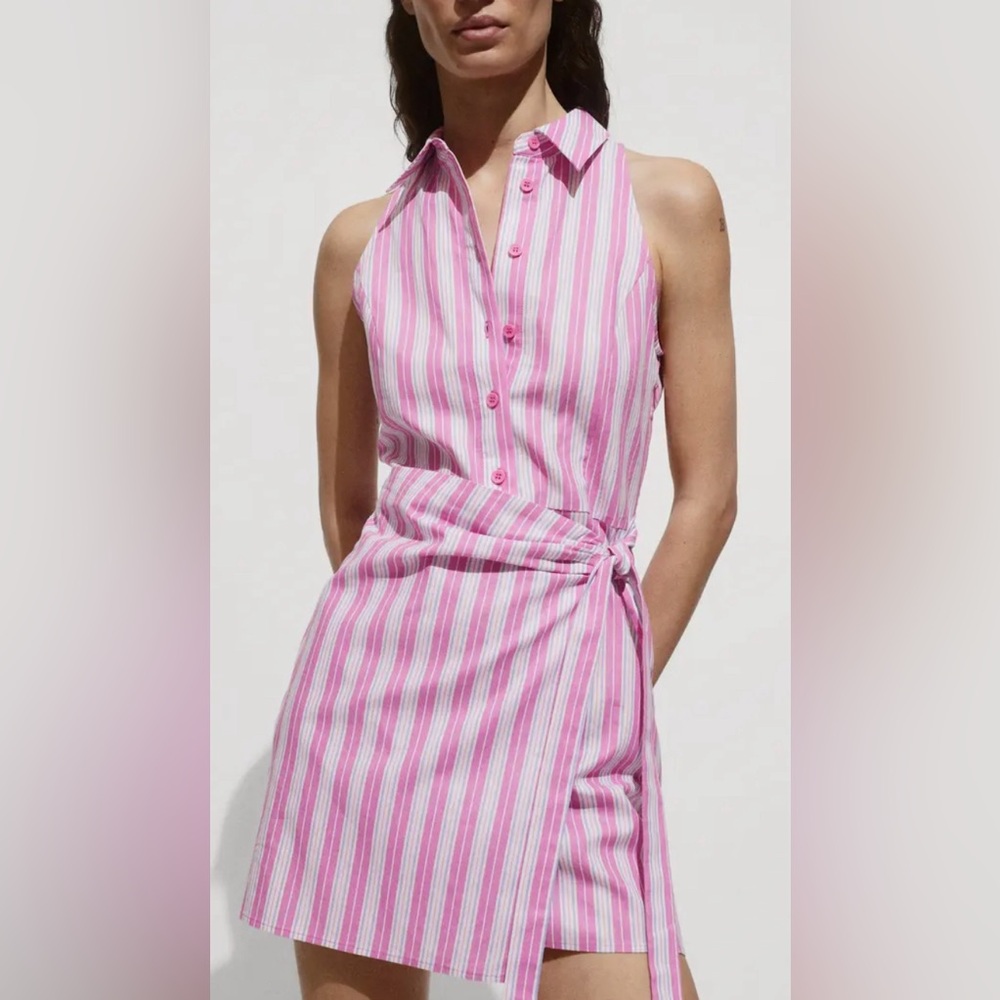 MANGO: Pin-striped pink, preppy, cotton collared dress - NEW WITH TAGS